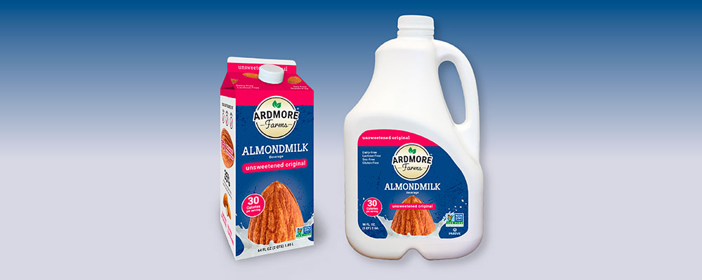 Two large containers of almond milk