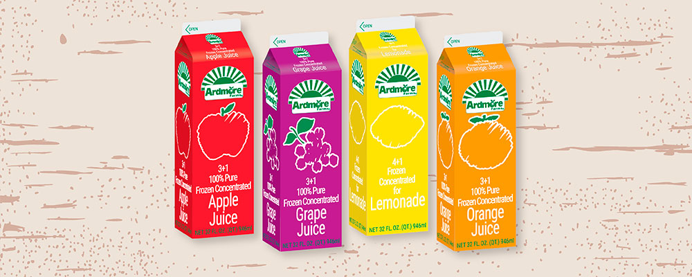 A collection of Ardmore Farms frozen concentrated juices