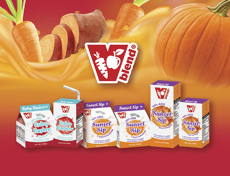 An array of VBlend products on an orange and red background